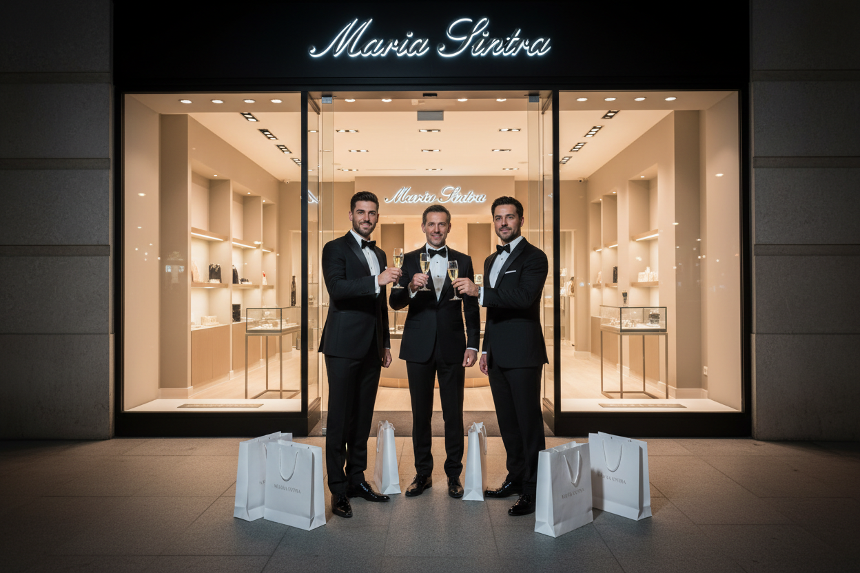 Fotografia hiper-realista de três homens elegantes em fatos pretos formais, brindando com taças de champanhe em frente a uma loja de luxo moderna com fachada em vidro, à noite.
Letreiro iluminado “MARIA SINTRA” acima da vitrine.
No mínimo 6 sacos de compras brancos de luxo distribuídos à volta deles no chão.
Interior da loja com iluminação quente e design moderno, contendo uma logo “MARIA SINTRA” visível dentro da loja.Rostos em foco, olhos bem definidos, nítidos e iluminados, com reflexo natural de luz.IMA